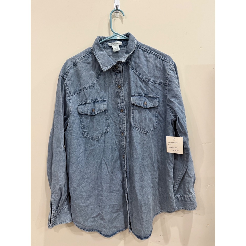 Passport Womens Denim Shirt Medium Acid Wash Western Button Down size L